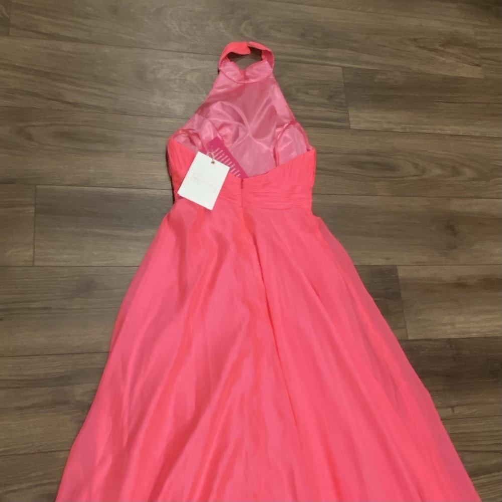 Mac Duggal Hot Pink High Neck Tiered Chiffon Halter Side Slit Gown Size 2 $258 - Picture 6 of 16